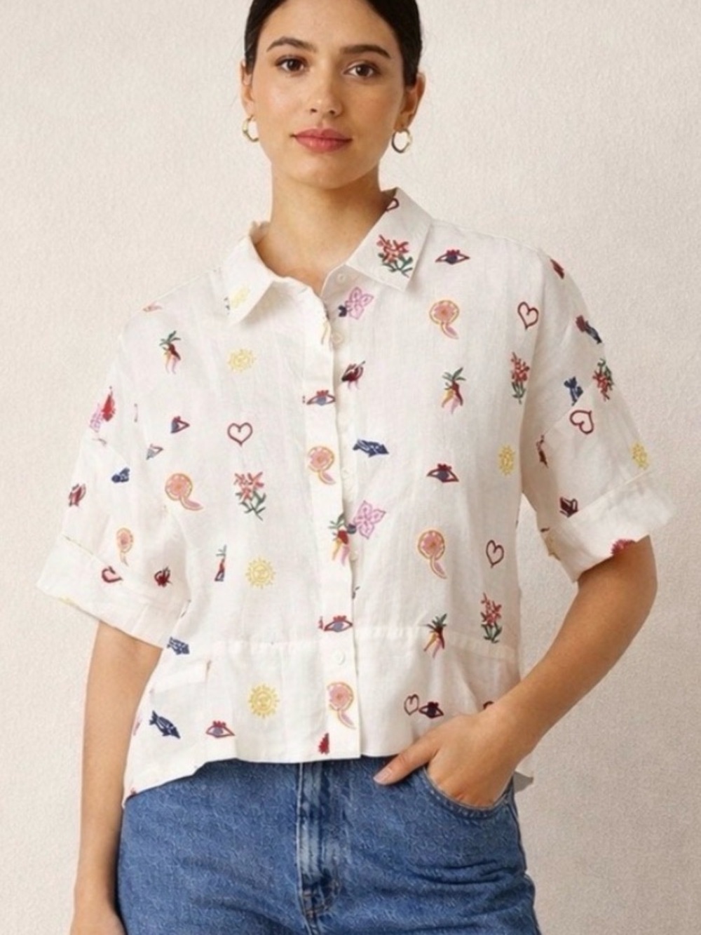 NWT Caroline Constas White Button-Front Embroidered Short-Sleeve Shirt whimsy sm